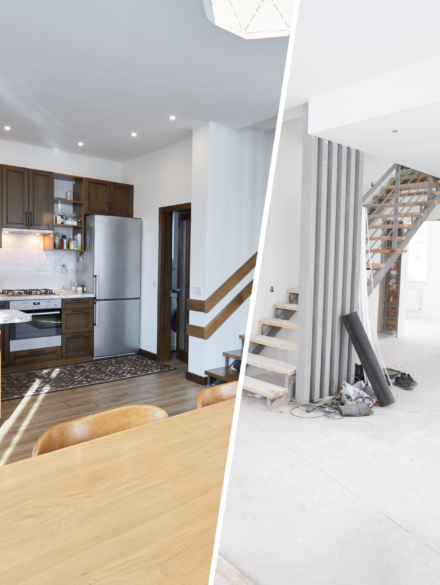 Home renovation concept. Before and after interior in modern style